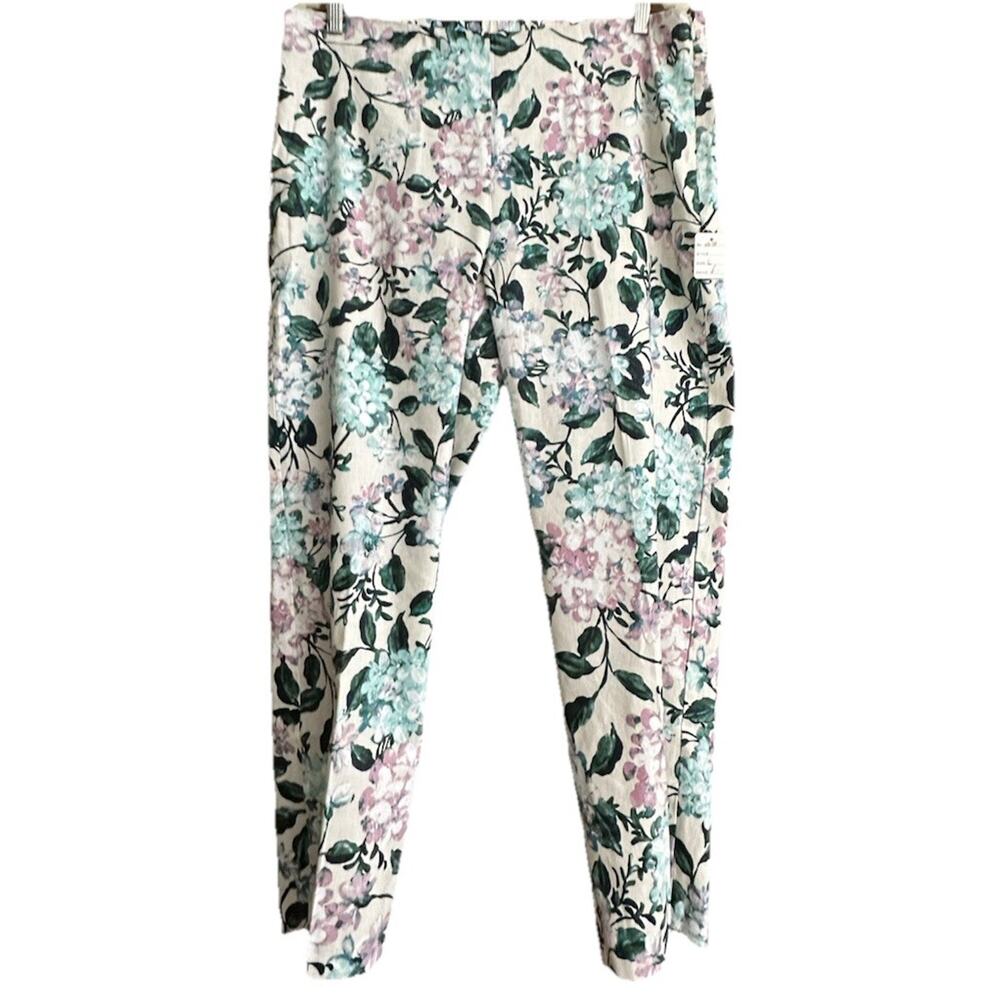 New J.Jill Stretch Linen - Oatmeal floral linen cropped pant button hem L Tags